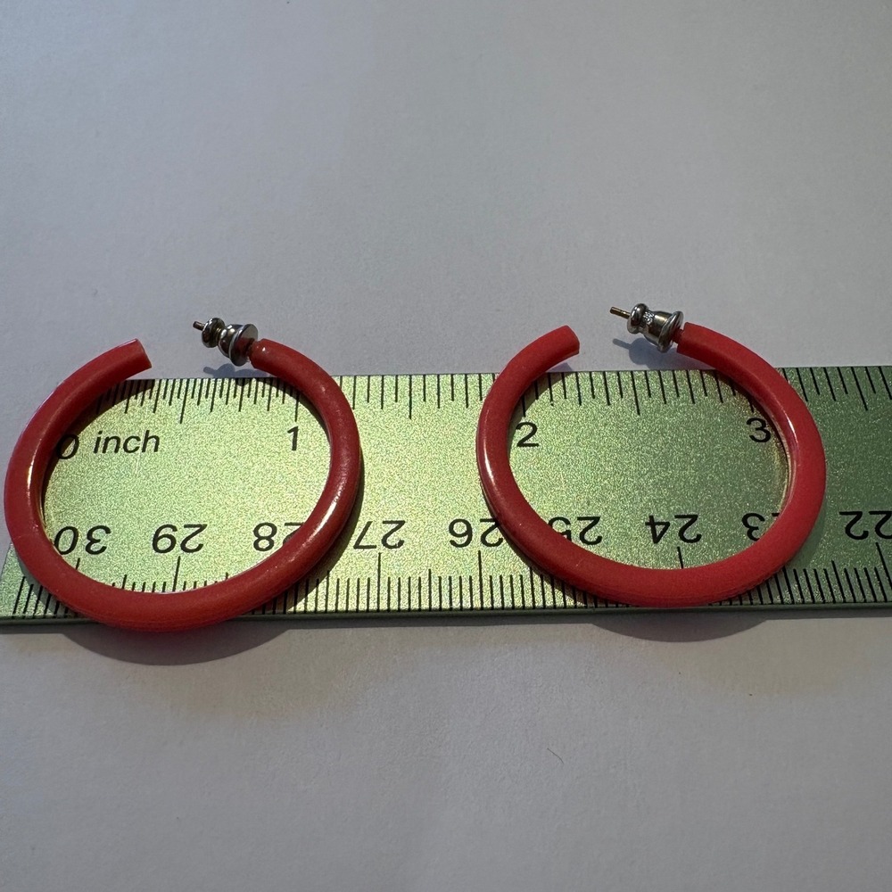 1970s Orange Plastic Hoop Earrings Silver Tone Post Back 1.25 Inch Round Glossy - Picture 6 of 10